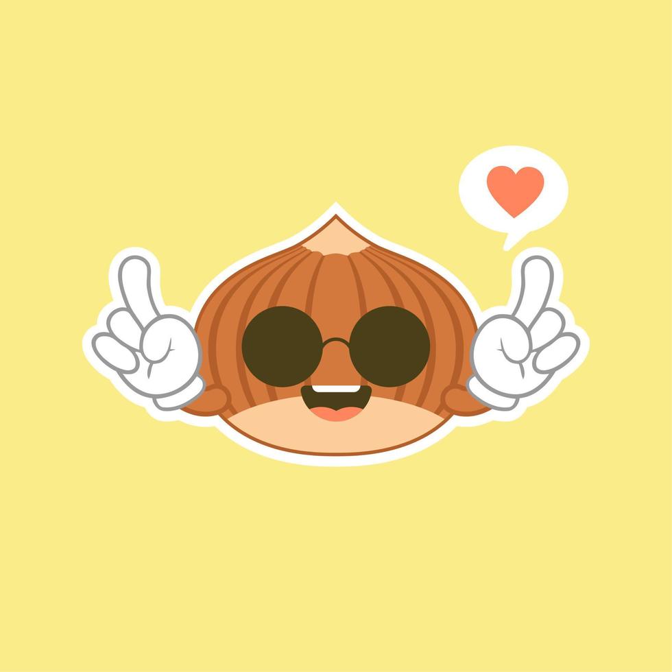 Cute and kawaii flat cartoon hazelnut illustration. Vector illustration of cute hazelnut with a smiling expression.