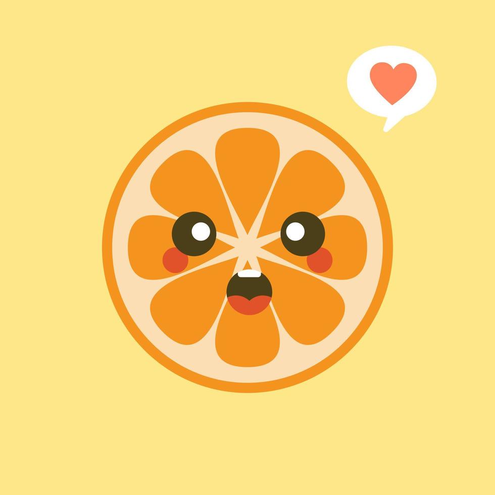 personaje de dibujos animados lindo y kawaii naranja. ilustración de personaje de fruta orgánica feliz saludable. frutas cítricas que son ricas en vitamina c. agrio, ayudando a sentirse fresco. vector