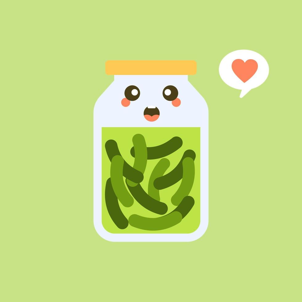 Kawaii and cute pickles in jar, isolated jar of pickled cucumbers. Marinated vegetables in can, homemade production full of probiotics. Fermented veggies, crunch gherkin with salt. Flat design style vector