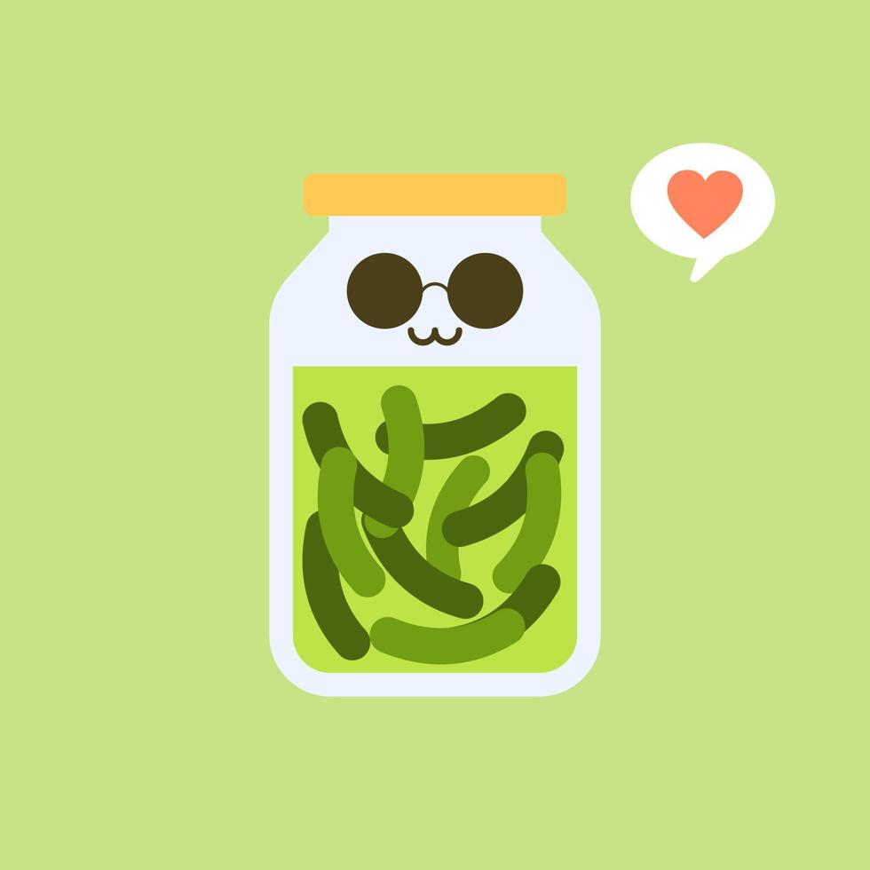 Kawaii and cute pickles in jar, isolated jar of pickled cucumbers. Marinated vegetables in can, homemade production full of probiotics. Fermented veggies, crunch gherkin with salt. Flat design style vector