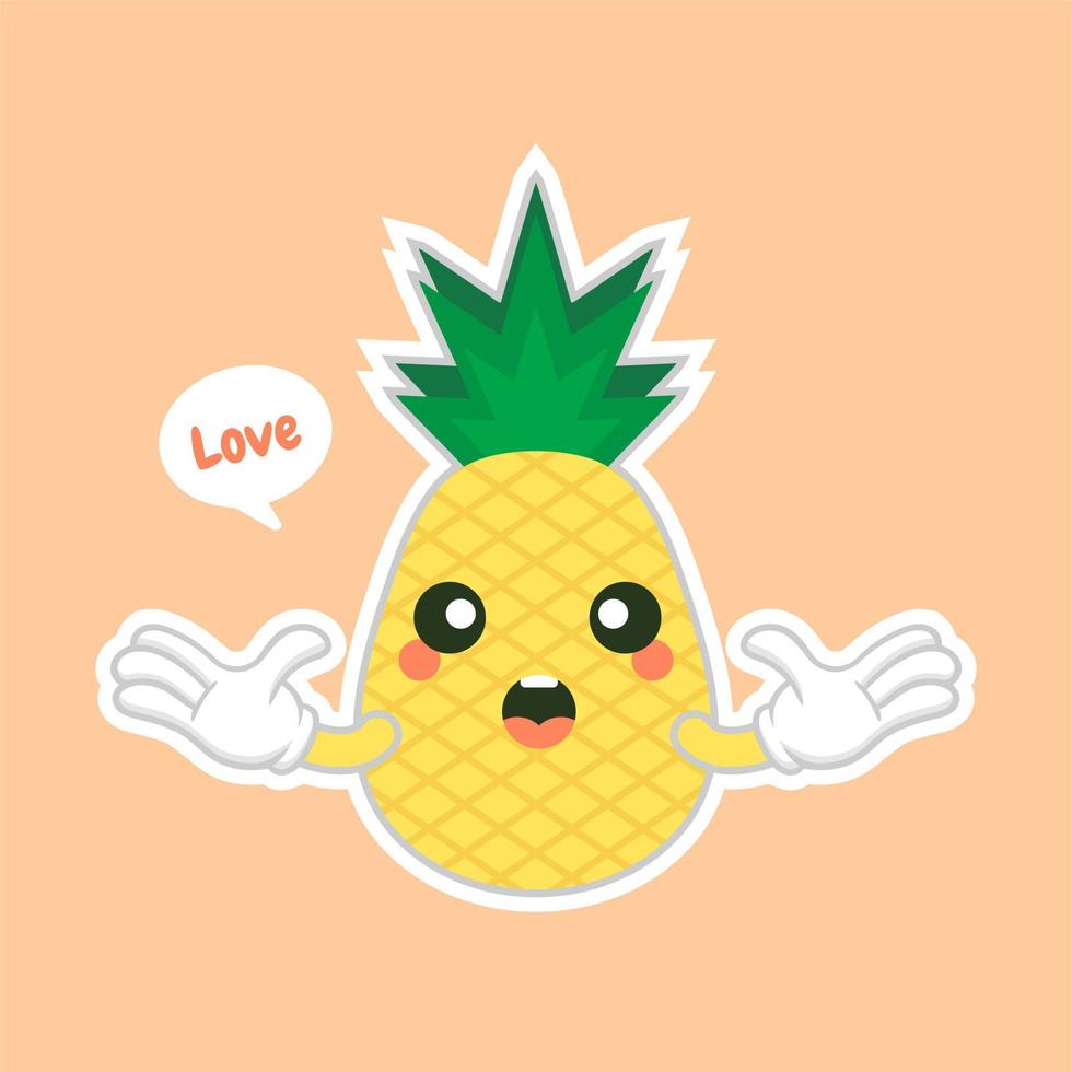 personajes de piña lindos y kawaii, personajes lindos de piña de mascotas establecidos para el verano. jugo de piña, fruta tropical, lugar de veraneo. concepto de vacaciones. para temas como frutas, verano, viajes vector