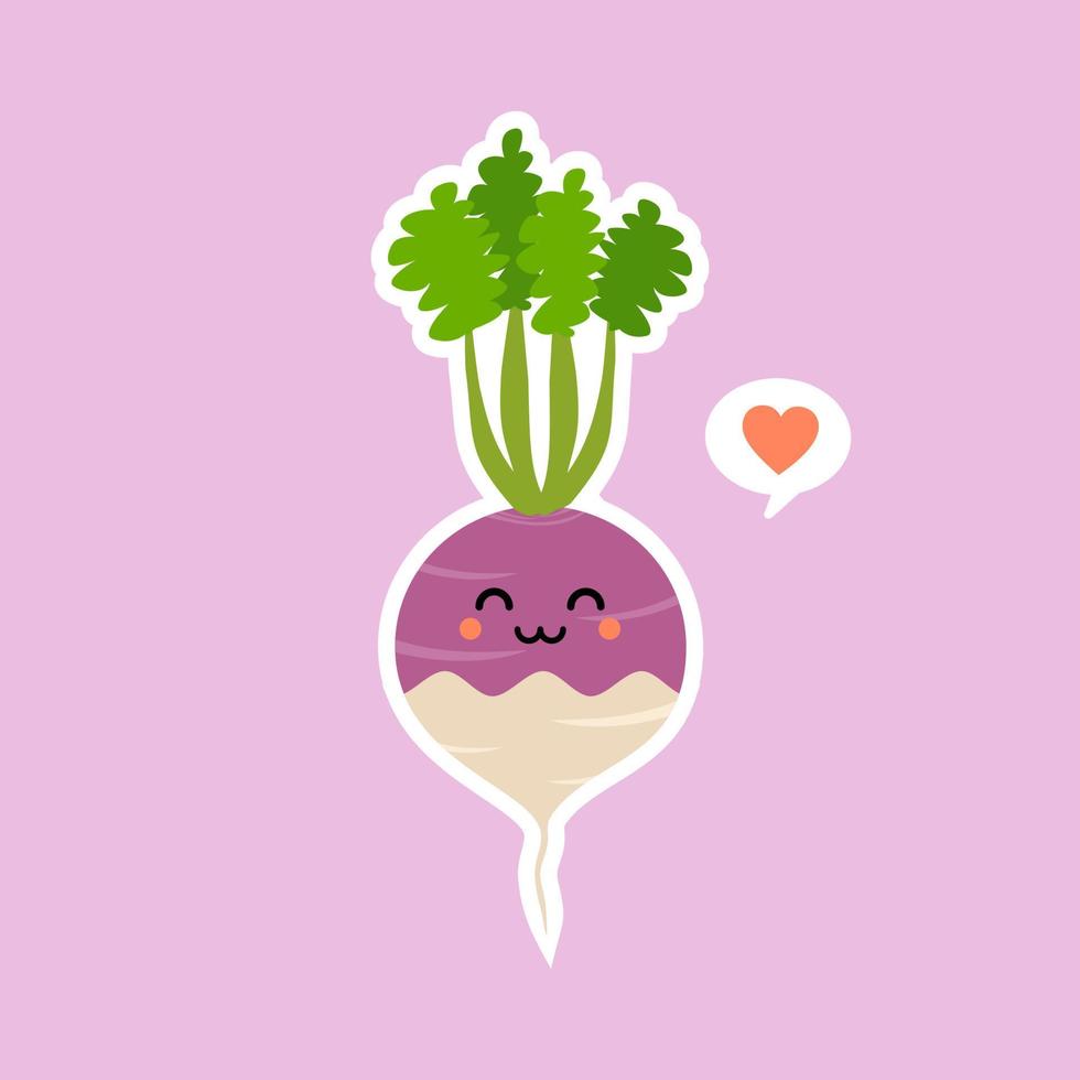 purple turnip flat design vector illustration. Adorable cartoon radish and cheerful turnip friendly character. Vector illustration. kawaii vegetable mascot for vegan and vegetarian