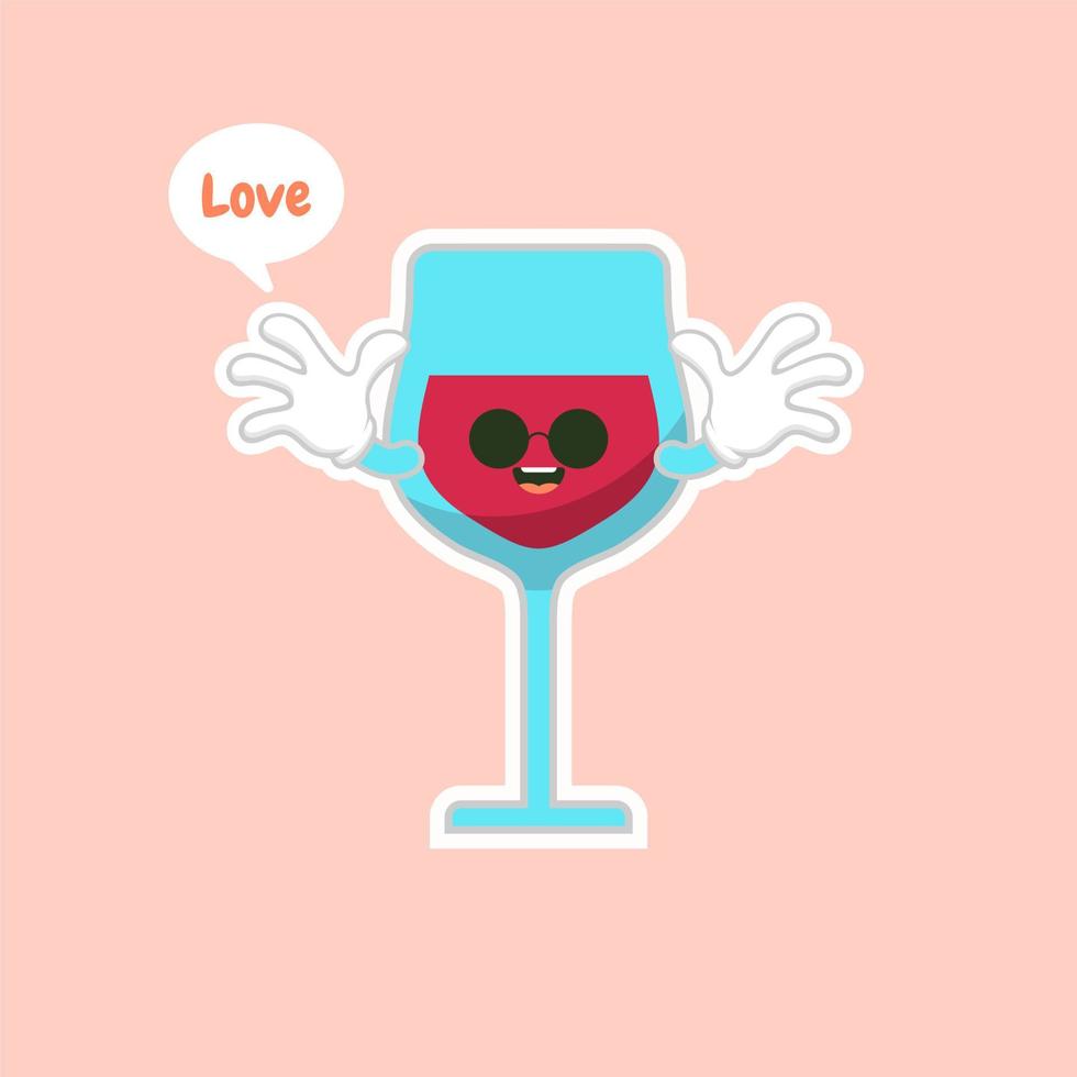 cute and kawaii glass of red wine, cartoon character design. Alcohol mascot. Transparent glass. Flat vector illustration isolated on color background