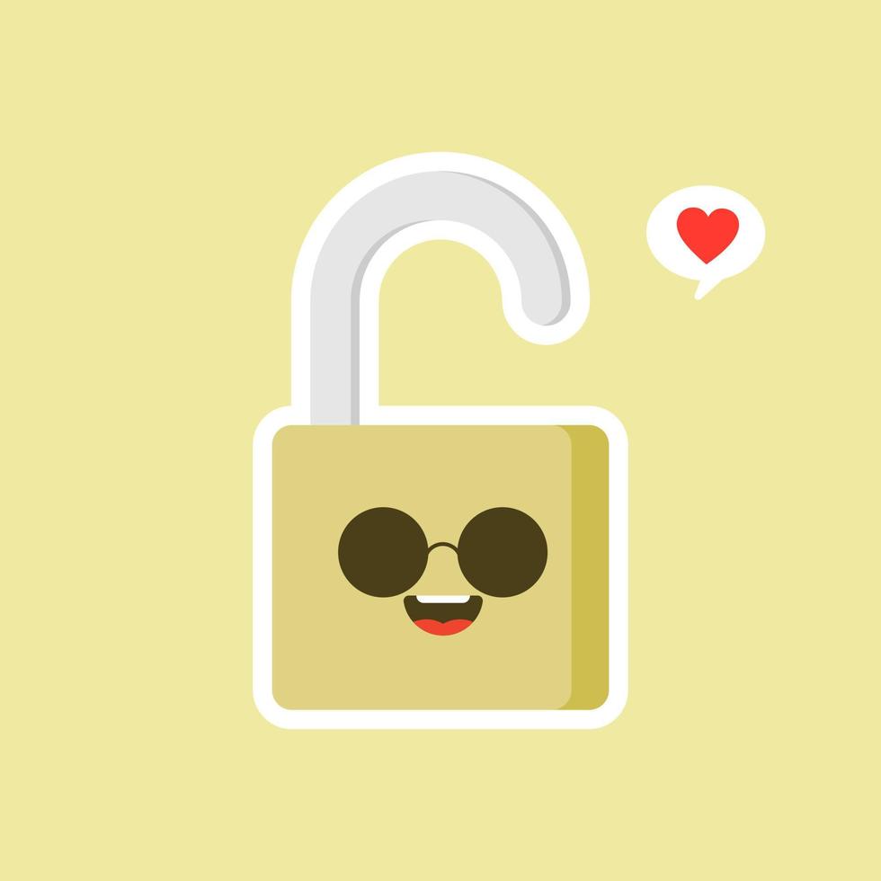 icono de candado abierto. seguro seguro candado kawaii personaje. icono de color de candado sonriente. contraseña confiable. protección, seguridad. fácil seguridad. candado feliz. emoji, emoticón. ilustración vectorial aislada vector