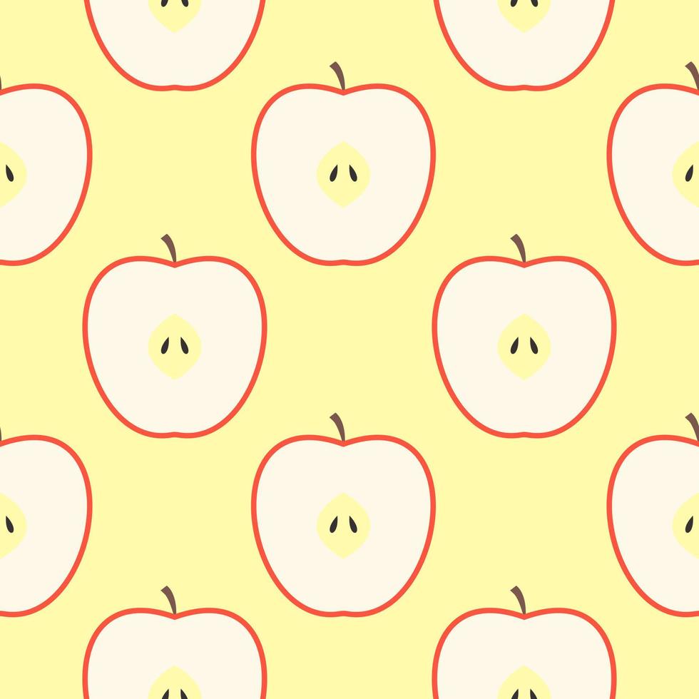 Apple seamless pattern and slice with seed on color background. Red apples fruits vector illustration.