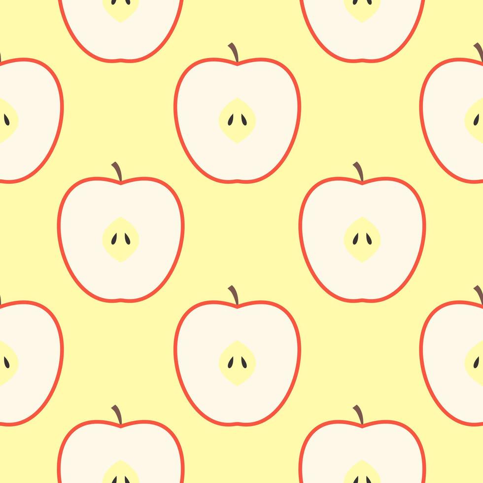 patrón sin costuras de manzana y rebanada con semilla sobre fondo de color. ilustración de vector de frutas de manzanas rojas.