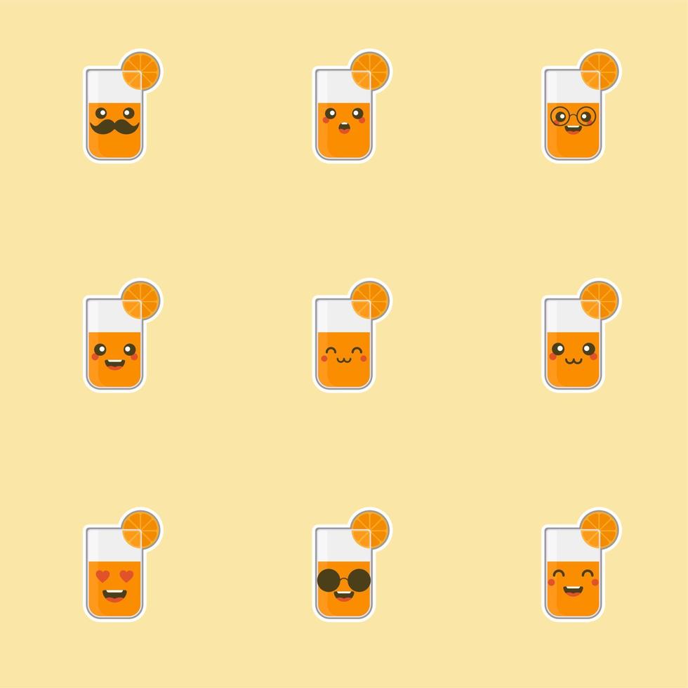 lindo y kawaii personaje de dibujos animados de jugo de naranja. colorido personaje de bebida elegante. vaso de jugo de naranja fresco. vector