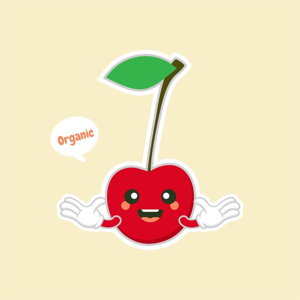 personajes de cereza lindos y kawaii. diseño de frutas con personajes de vector de cereza. personaje de cereza lindo, ilustración de vector de dibujos animados de cereza. carácter de vector de fruta lindo aislado sobre fondo de color.