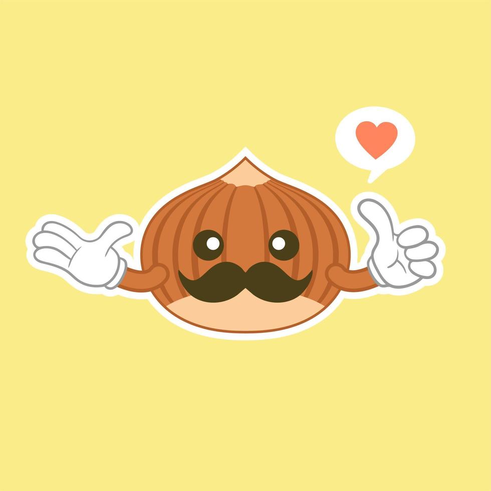 lindo personaje de avellana marrón feliz. lindo diseño plano de personaje de avellana feliz. divertido emoticono de nuez en estilo plano. ilustración de vector de emoji de avellana marrón. comida vegetariana saludable