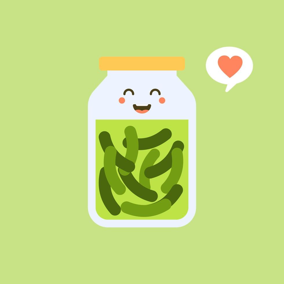 Kawaii and cute pickles in jar, isolated jar of pickled cucumbers. Marinated vegetables in can, homemade production full of probiotics. Fermented veggies, crunch gherkin with salt. Flat design style vector