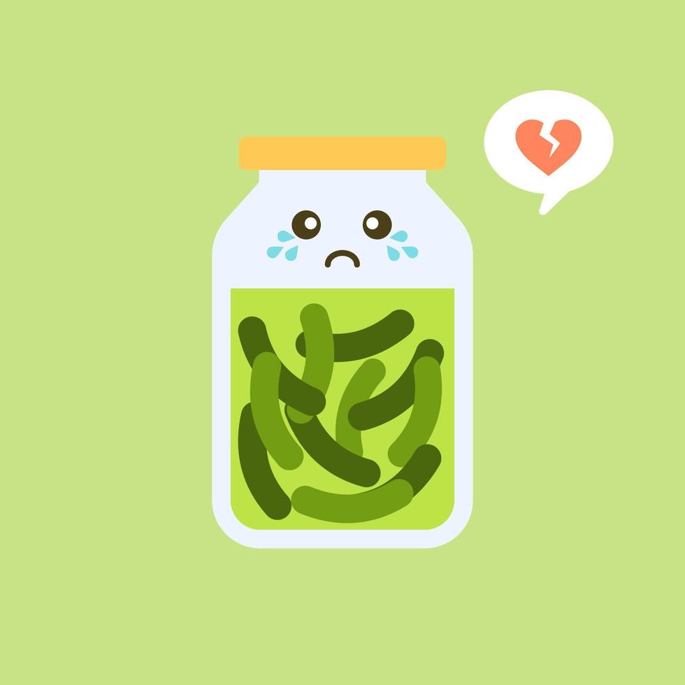 Kawaii and cute pickles in jar, isolated jar of pickled cucumbers. Marinated vegetables in can, homemade production full of probiotics. Fermented veggies, crunch gherkin with salt. Flat design style vector