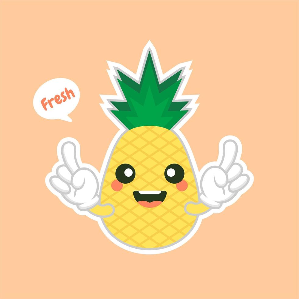 personajes de piña lindos y kawaii, personajes lindos de piña de mascotas establecidos para el verano. jugo de piña, fruta tropical, lugar de veraneo. concepto de vacaciones. para temas como frutas, verano, viajes vector