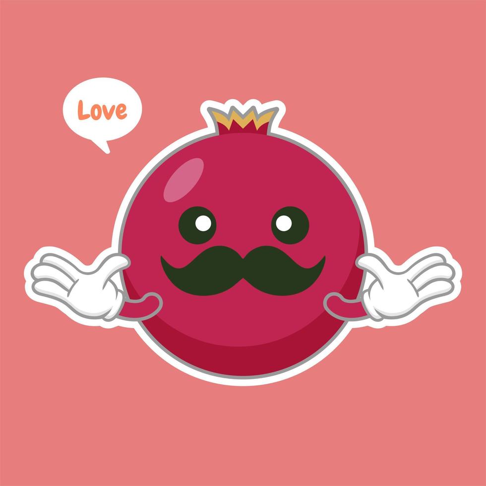 personaje de dibujos animados de granada lindo y kawaii aislado en la ilustración de vector de fondo de color. divertido icono de cara de emoticono positivo y amigable. sonrisa feliz caricatura cara comida emoji, fruta cómica