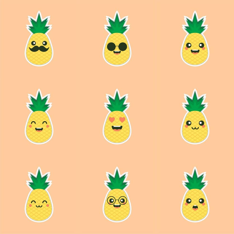 personajes de piña lindos y kawaii, personajes lindos de piña de mascotas establecidos para el verano. jugo de piña, fruta tropical, lugar de veraneo. concepto de vacaciones. para temas como frutas, verano, viajes vector