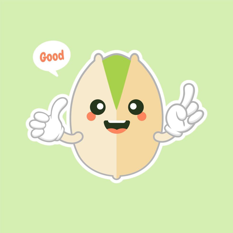 cute and kawaii Pistachio nuts character in the shell. Open and fried fresh organic food. Singles and group. Nuts vector illustrations isolated on color background.