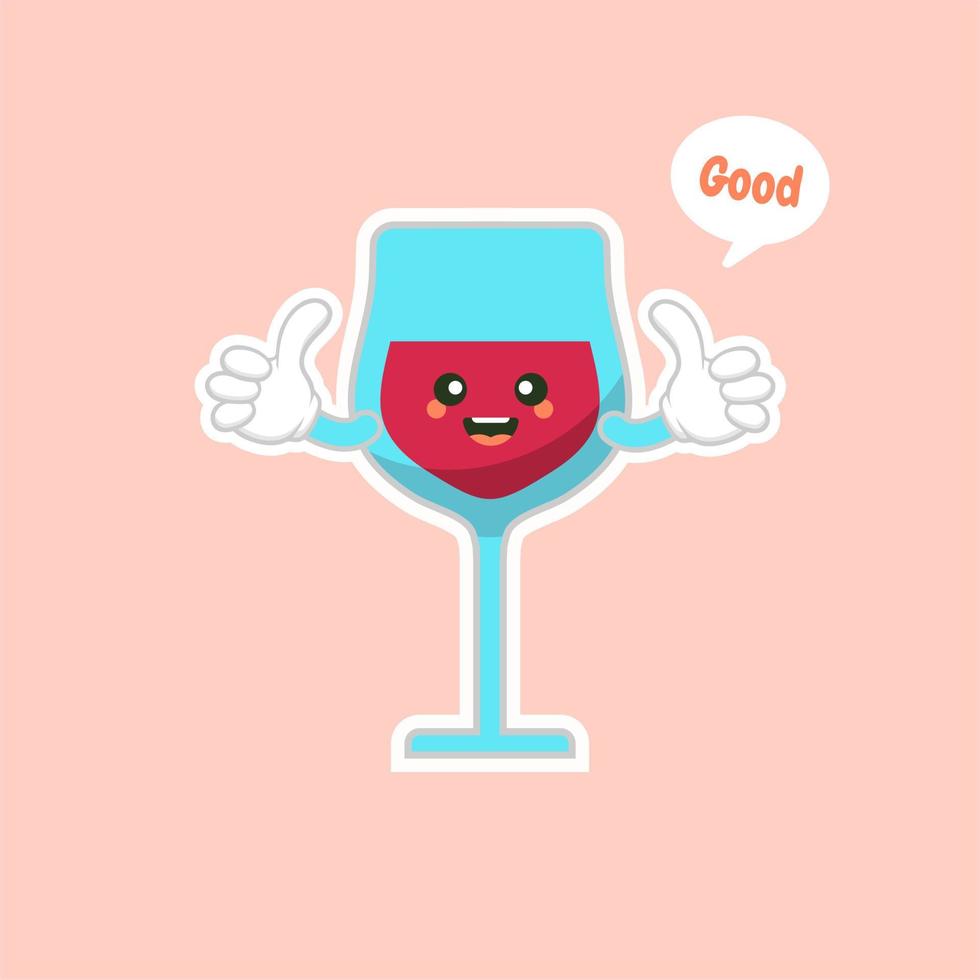 cute and kawaii glass of red wine, cartoon character design. Alcohol mascot. Transparent glass. Flat vector illustration isolated on color background