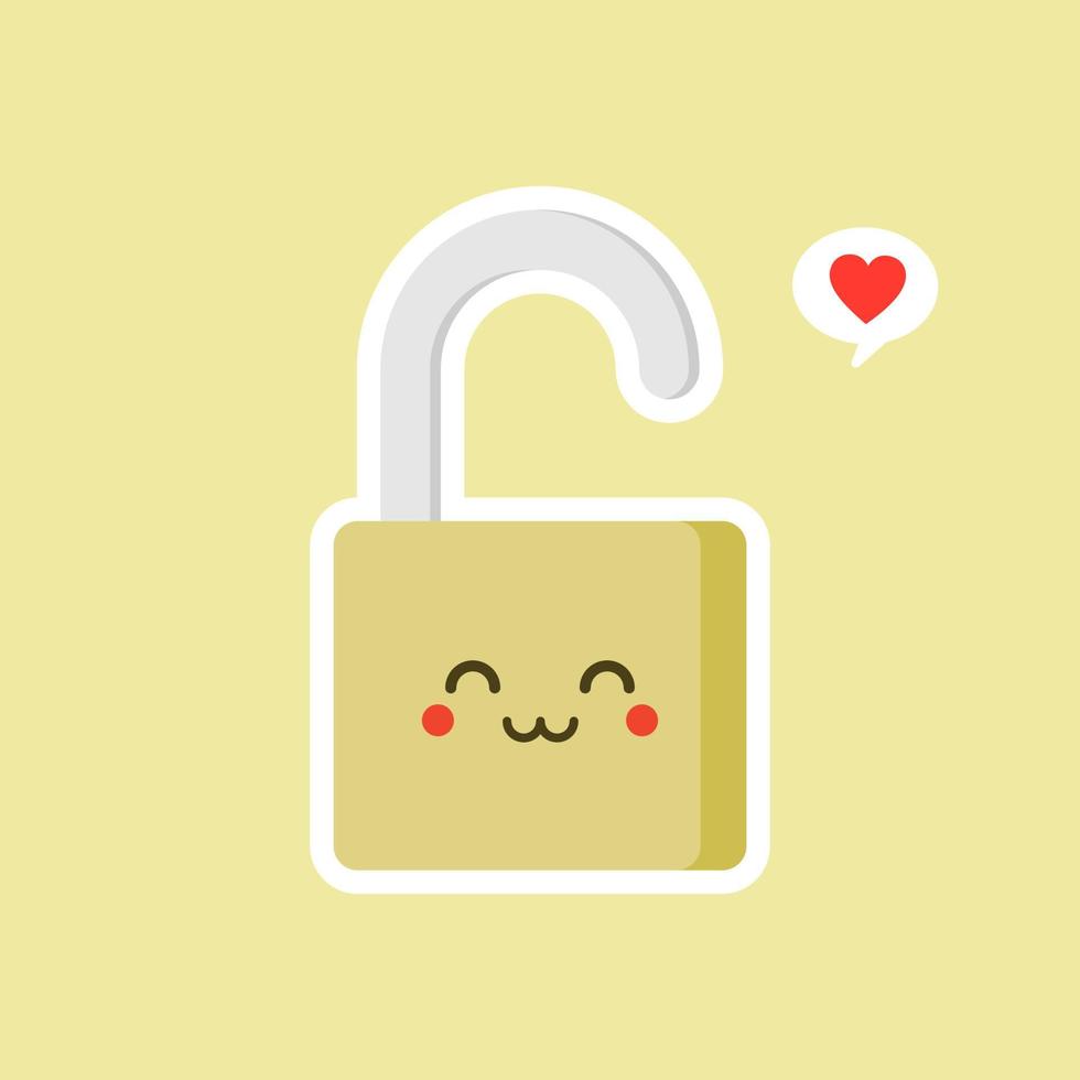 icono de candado abierto. seguro seguro candado kawaii personaje. icono de color de candado sonriente. contraseña confiable. protección, seguridad. fácil seguridad. candado feliz. emoji, emoticón. ilustración vectorial aislada vector