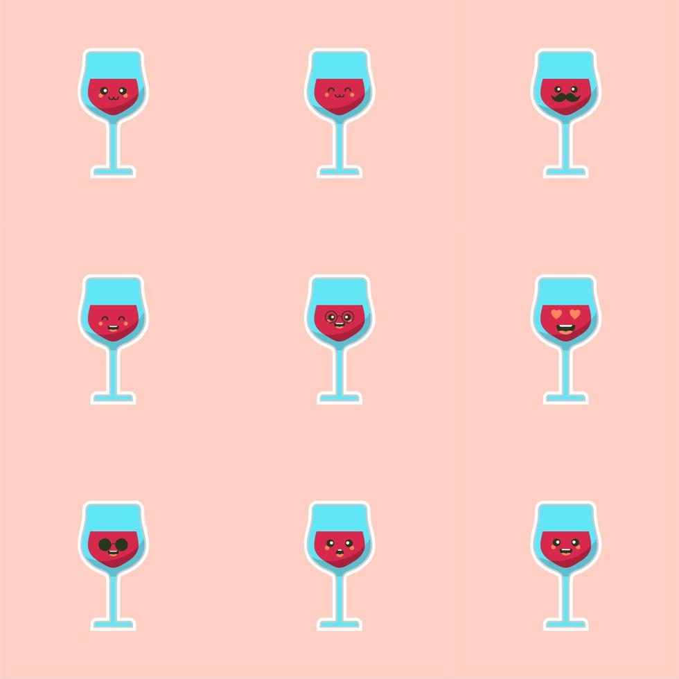 cute and kawaii glass of red wine, cartoon character design. Alcohol mascot. Transparent glass. Flat vector illustration isolated on color background