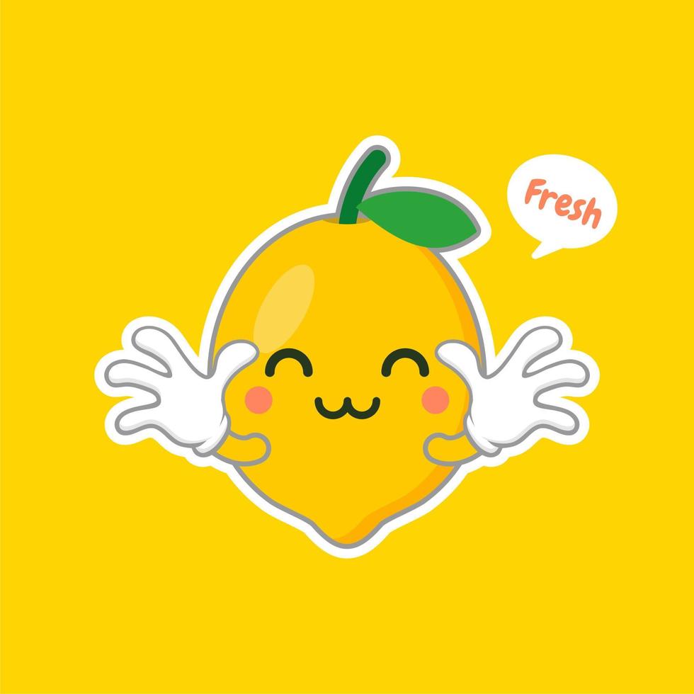 cute and kawaii lemon cartoon character in flat style. fresh lemon fruits on summer season. Funny lemon character logo. can be used in restaurant menu, cooking books and organic farm label vector