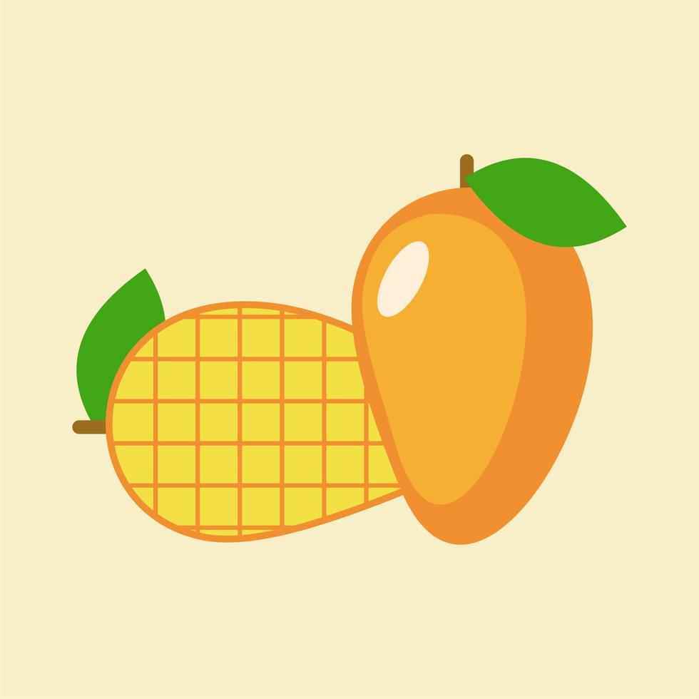 Summer fruits for healthy lifestyle. Mango, whole fruit with leaf and cubic slices. Vector illustration cartoon flat icon isolated on white.
