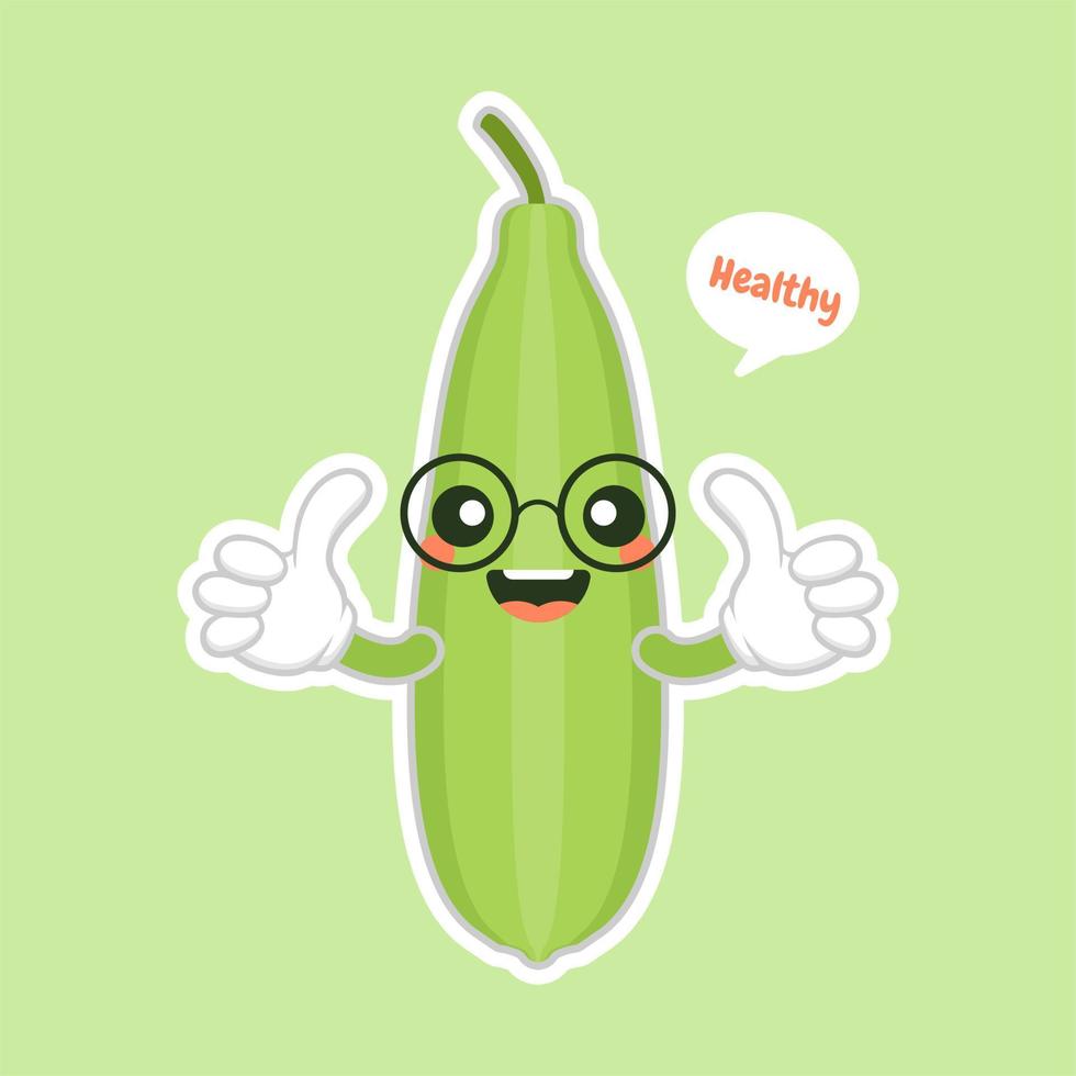 Cute and kawaii Luffa cartoon character. Loofah Luffa acutangula, or sponge gourd, vegan plant. Hand drawn botanical vector illustration. Loffa vegetarian plant. Vegetable vector illustration
