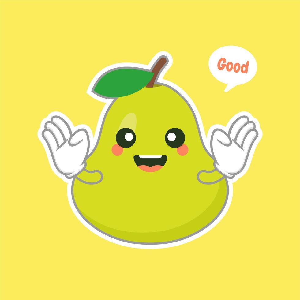 lindos y felices personajes de dibujos animados de pera verde para comida saludable, vegano y diseño de cocina. pera kawaii con expresión graciosa vector