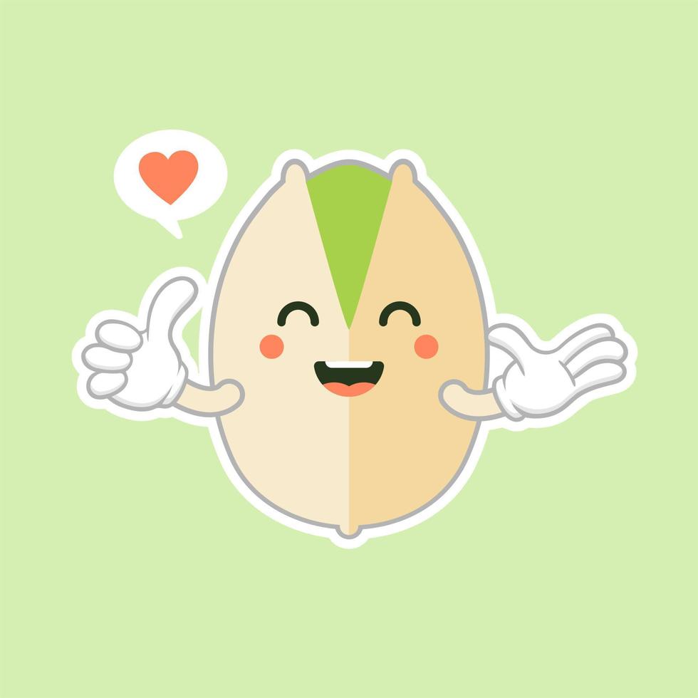 cute and kawaii Pistachio nuts character in the shell. Open and fried fresh organic food. Singles and group. Nuts vector illustrations isolated on color background.