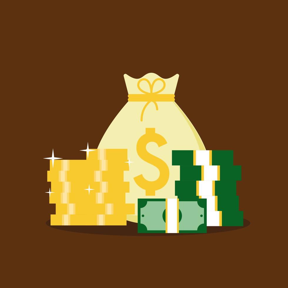 Money. Dollars banknotes. Cash money. Flat style Vector illustration. Money saving and money bag cartoon icon design