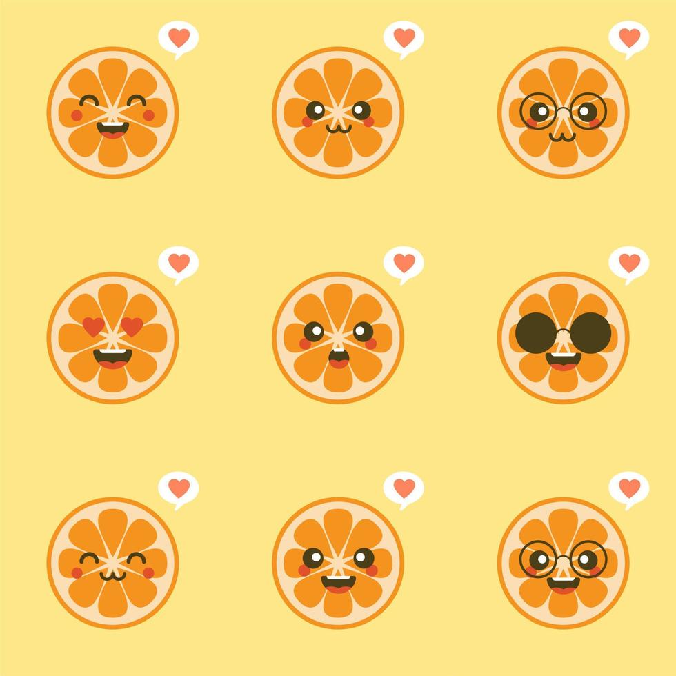cute and kawaii Cartoon character orange. Healthy Happy Organic Fruit Character Illustration. Citrus fruits that are high in vitamin C. Sour, helping to feel fresh. vector
