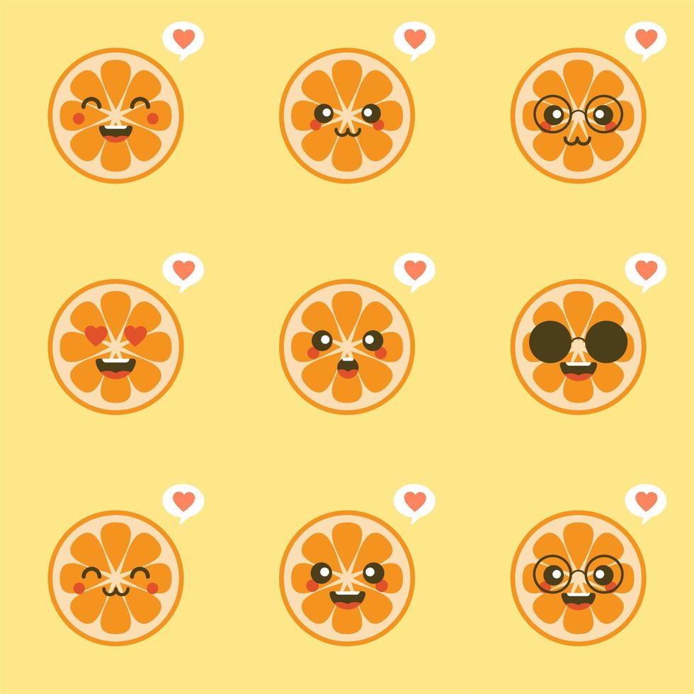 personaje de dibujos animados lindo y kawaii naranja. ilustración de personaje de fruta orgánica feliz saludable. frutas cítricas que son ricas en vitamina c. agrio, ayudando a sentirse fresco. vector