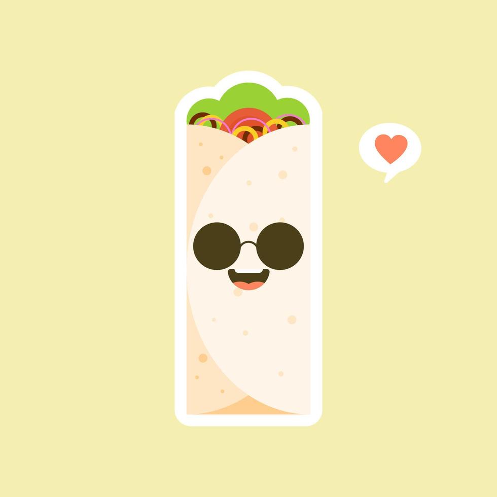 personaje de shawarma. burito dibujos animados de comida rápida. pollo vectorial, rollo de verduras, comida. doner gebab, ilustración de caricatura plana de shawarma... árabe, comida oriental, burittos, comida mexicana vector