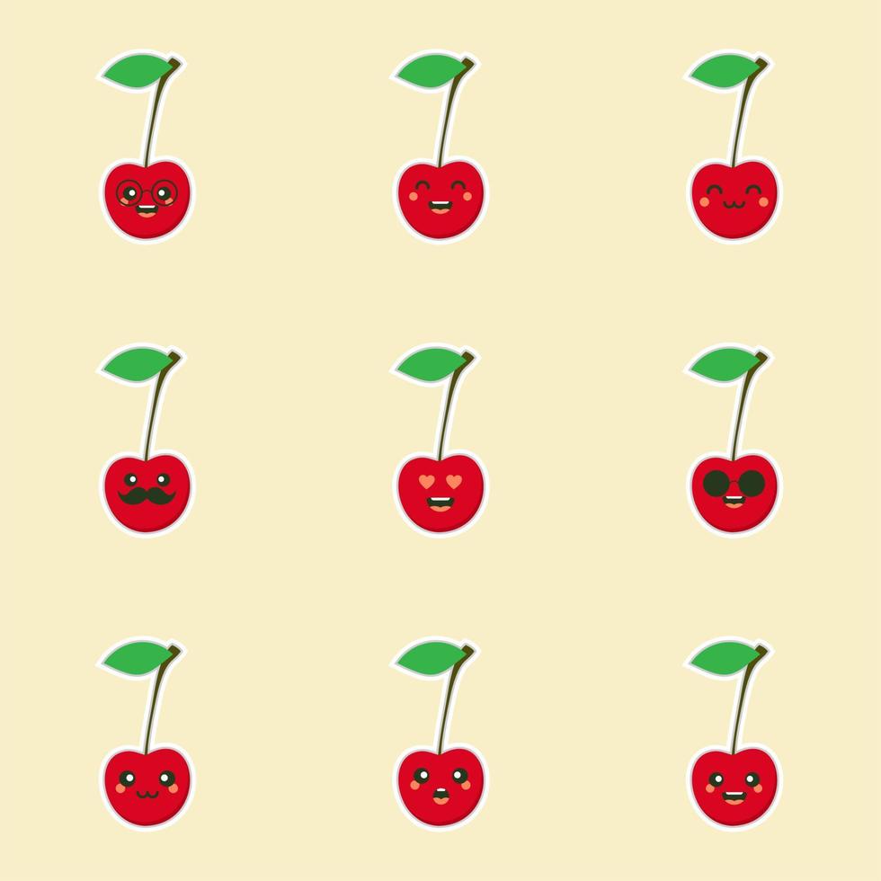 personajes de cereza lindos y kawaii. diseño de frutas con personajes de vector de cereza. personaje de cereza lindo, ilustración de vector de dibujos animados de cereza. carácter de vector de fruta lindo aislado sobre fondo de color.