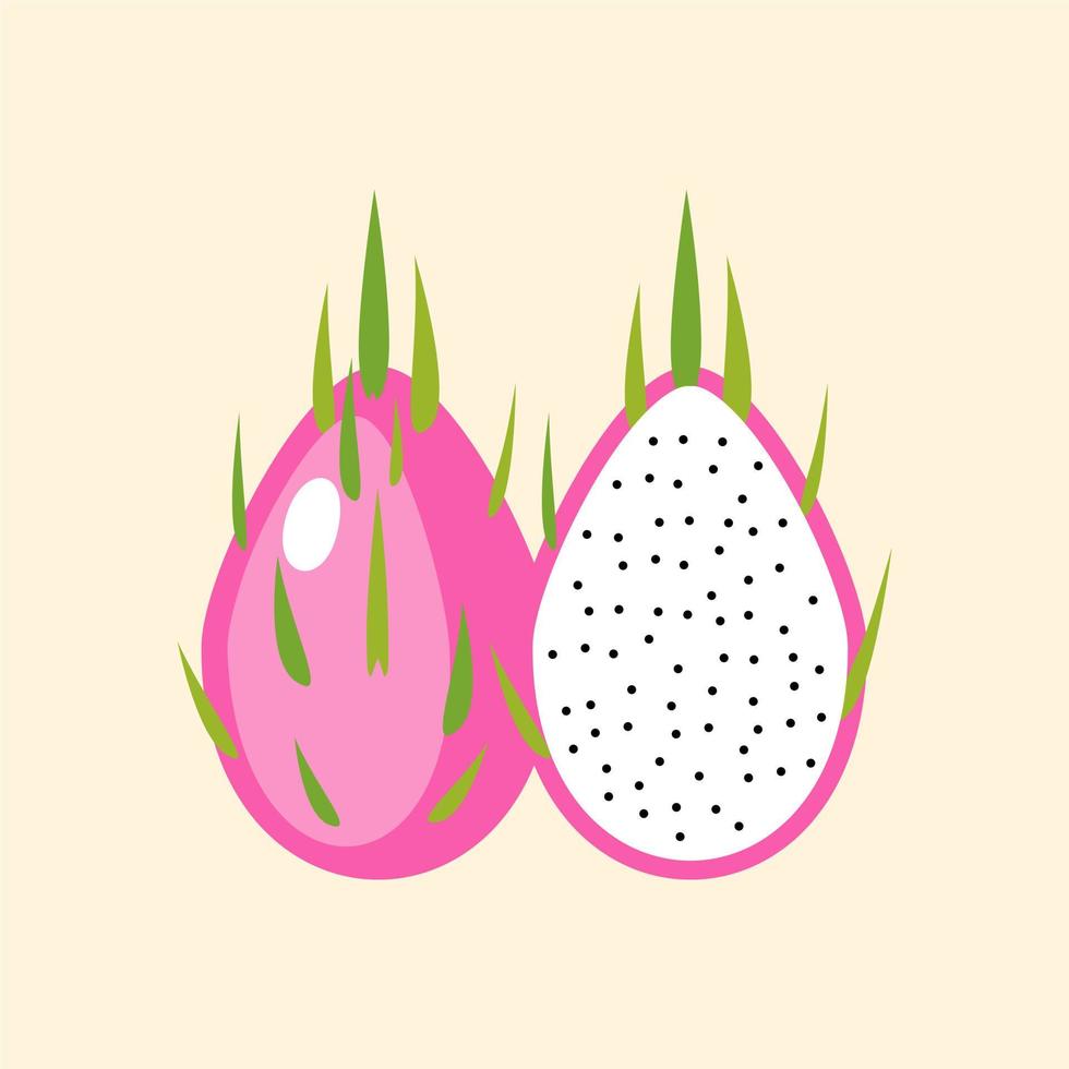 frutas tropicales de verano para un estilo de vida saludable. pitahaya roja, fruta entera y mitad. icono plano de dibujos animados de ilustración vectorial aislado sobre fondo de color vector