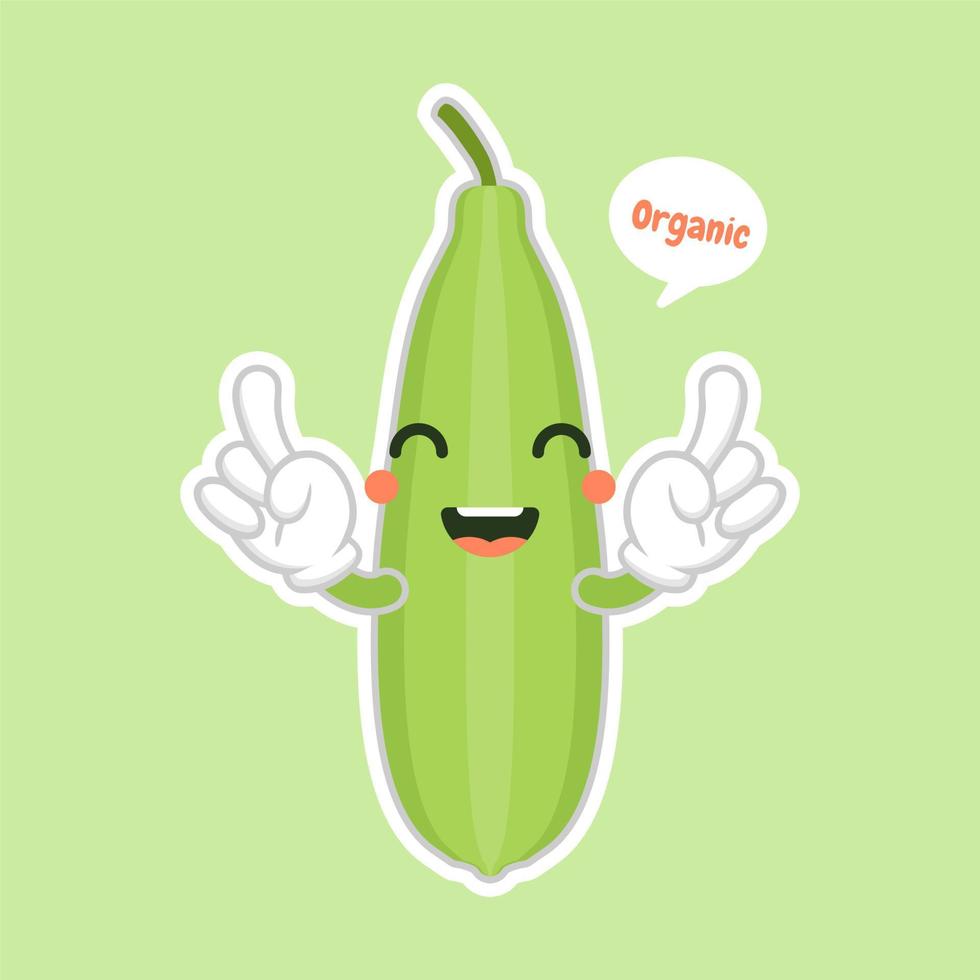 Cute and kawaii Luffa cartoon character. Loofah Luffa acutangula, or sponge gourd, vegan plant. Hand drawn botanical vector illustration. Loffa vegetarian plant. Vegetable vector illustration