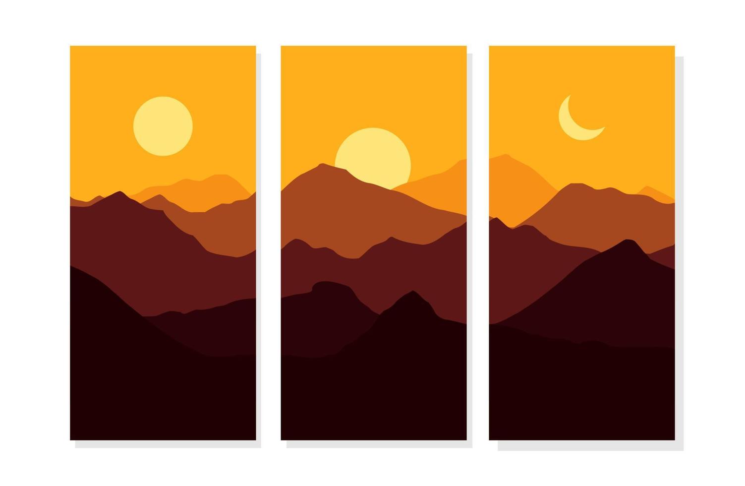 paisaje diurno y nocturno, paisaje montañoso con luna, sol, ilustración de diseño plano vectorial vector