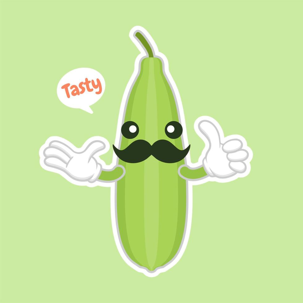 lindo y kawaii personaje de dibujos animados de luffa. lufa luffa acutangula, o calabaza esponja, planta vegana. ilustración vectorial botánica dibujada a mano. planta vegetariana de loffa. ilustración vectorial vegetal vector