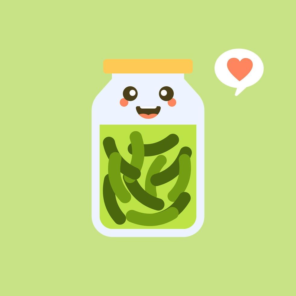 Kawaii and cute pickles in jar, isolated jar of pickled cucumbers. Marinated vegetables in can, homemade production full of probiotics. Fermented veggies, crunch gherkin with salt. Flat design style vector