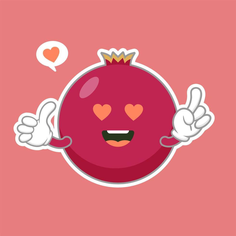 Cute and kawaii pomegranate cartoon character isolated on color background vector illustration. Funny positive and friendly emoticon face icon. Happy smile cartoon face food emoji, comical fruit