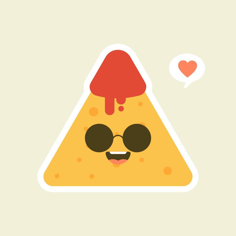 Funny characters Nachos with tomato salsa sauce. Nice mexican food. Vector illustration