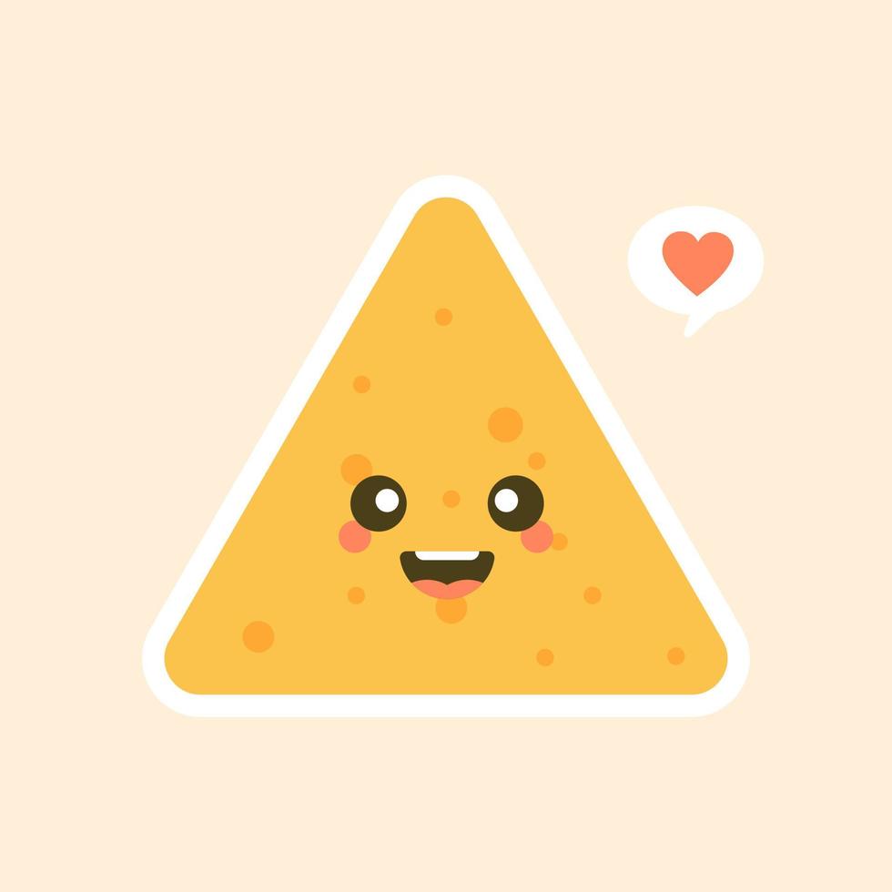 personaje de chip de tortilla feliz de dibujos animados lindo y kawaii. Ilustración de vector de carácter nachos