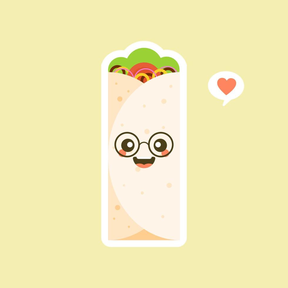 personaje de shawarma. burito dibujos animados de comida rápida. pollo vectorial, rollo de verduras, comida. doner gebab, ilustración de caricatura plana de shawarma... árabe, comida oriental, burittos, comida mexicana vector