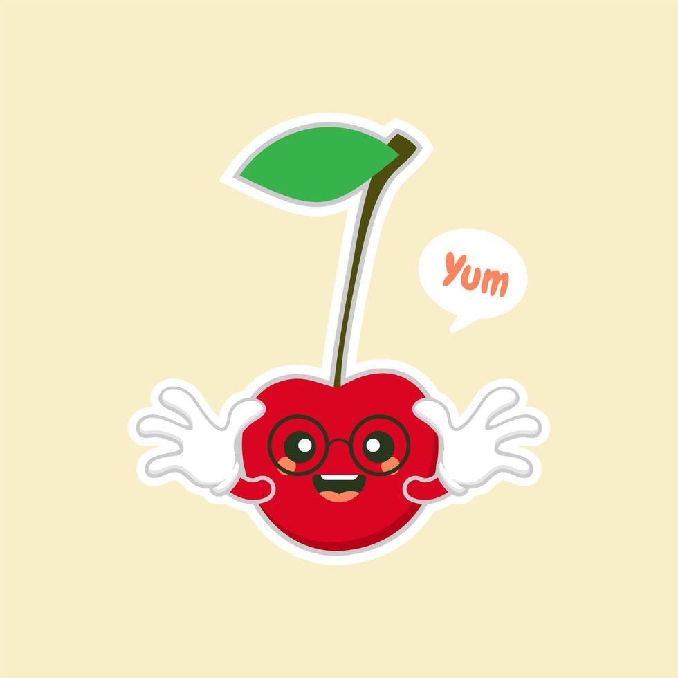 personajes de cereza lindos y kawaii. diseño de frutas con personajes de vector de cereza. personaje de cereza lindo, ilustración de vector de dibujos animados de cereza. carácter de vector de fruta lindo aislado sobre fondo de color.