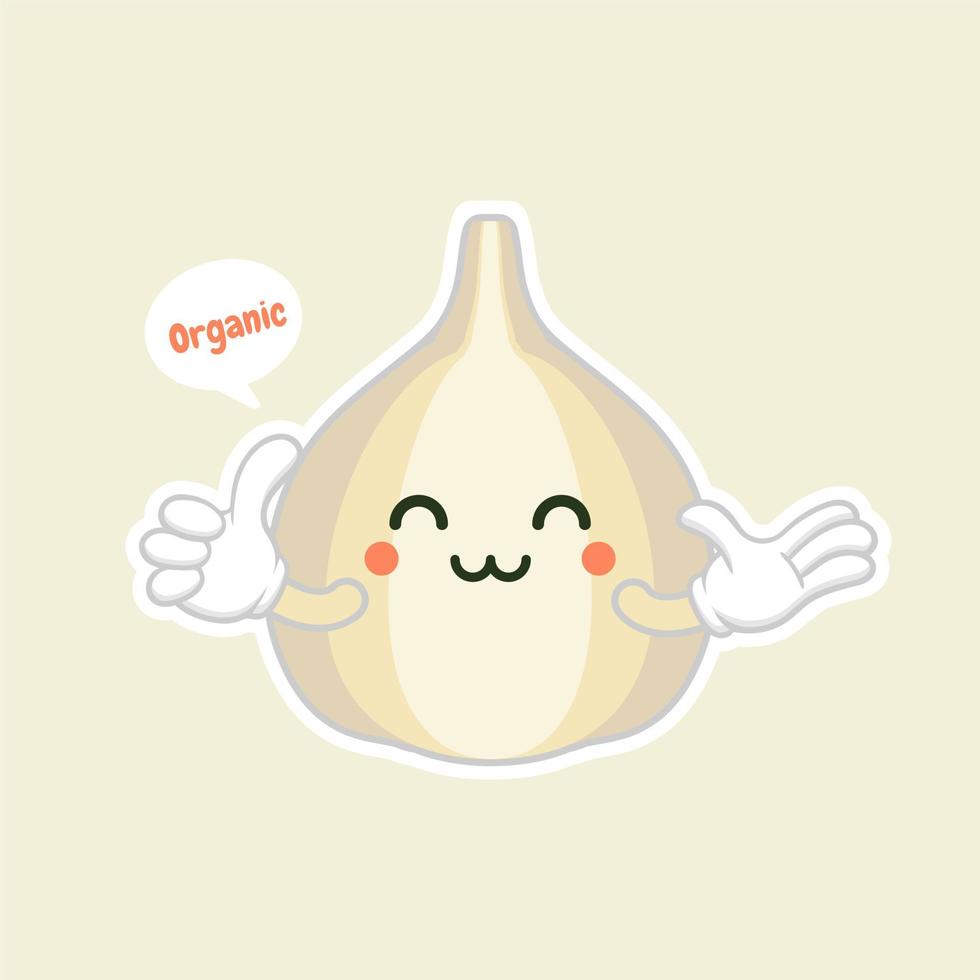 cute and kawaa garlic cartoon character flat design vector illustration. can use restaurant menu, cooking books and organic farm label. Healthy food. Tasty vegan. Organic product. Culinary ingredient.