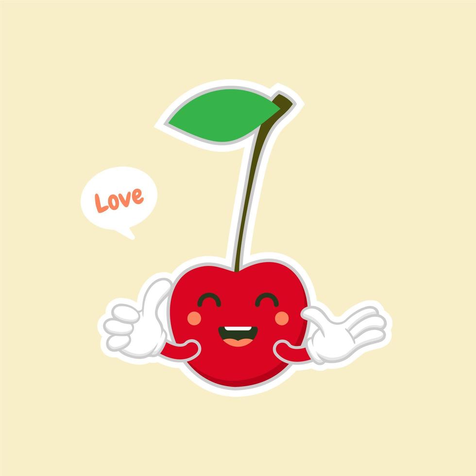 personajes de cereza lindos y kawaii. diseño de frutas con personajes de vector de cereza. personaje de cereza lindo, ilustración de vector de dibujos animados de cereza. carácter de vector de fruta lindo aislado sobre fondo de color.