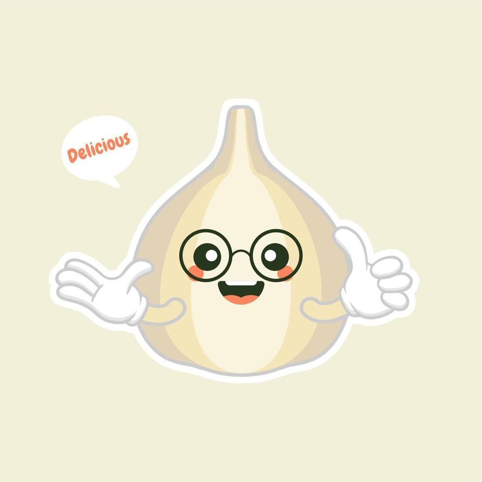 cute and kawaa garlic cartoon character flat design vector illustration. can use restaurant menu, cooking books and organic farm label. Healthy food. Tasty vegan. Organic product. Culinary ingredient.