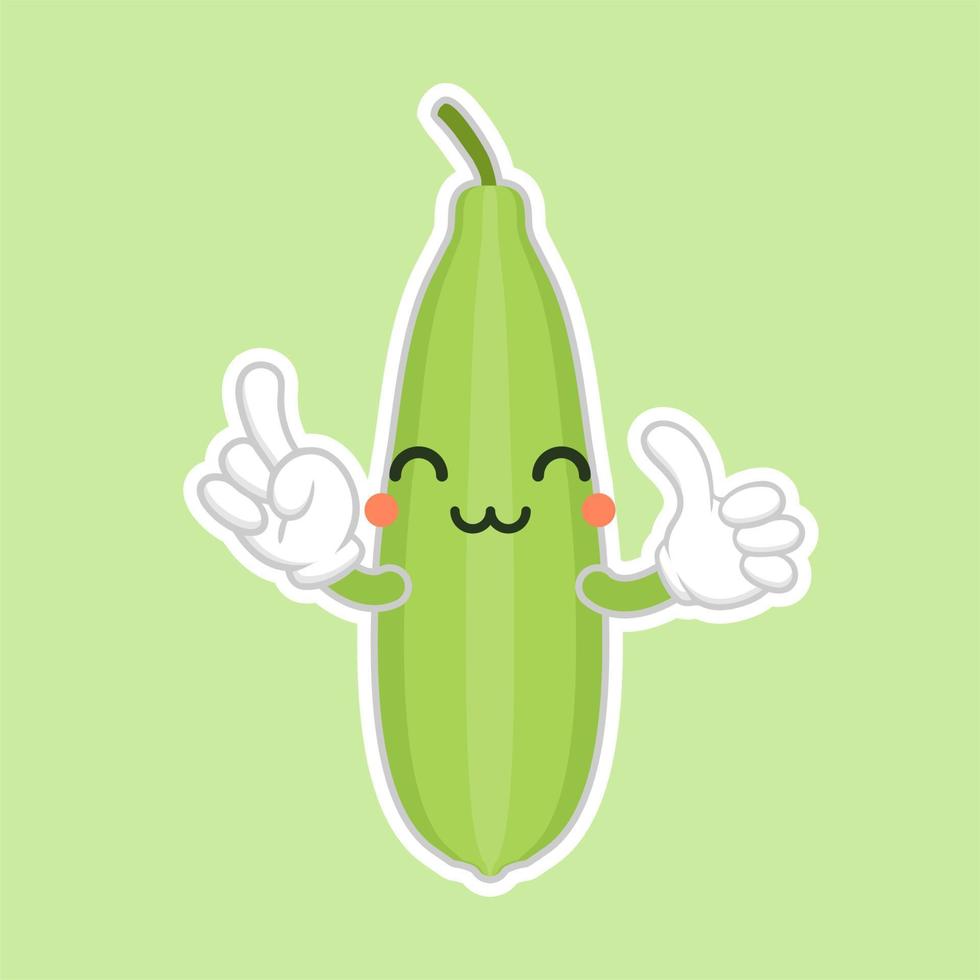 lindo y kawaii personaje de dibujos animados de luffa. lufa luffa acutangula, o calabaza esponja, planta vegana. ilustración vectorial botánica dibujada a mano. planta vegetariana de loffa. ilustración vectorial vegetal vector