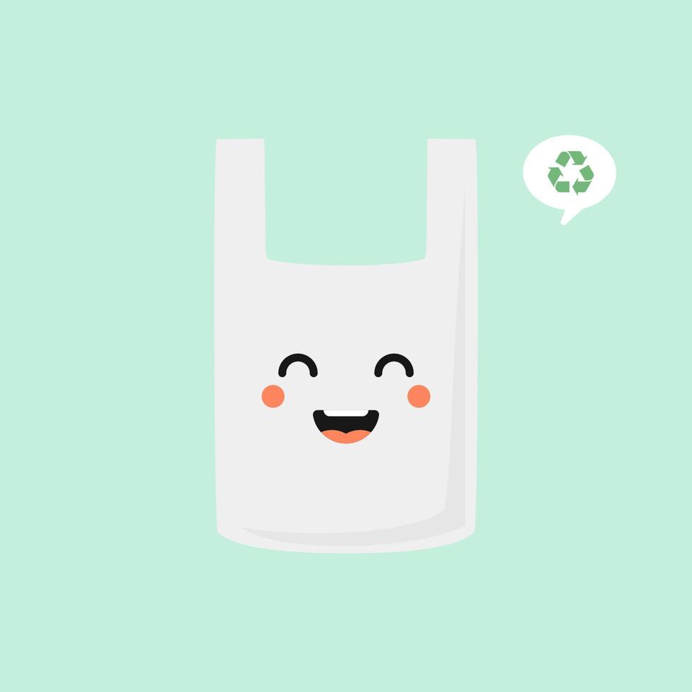 pegatinas de vector de personaje de dibujos animados de bolsa de plástico. pegatina ecológica con envase de plástico. basura plástica prohibida. aprovechamiento adecuado de los residuos no biodegradables. icono ambiental. desarrollo sostenible