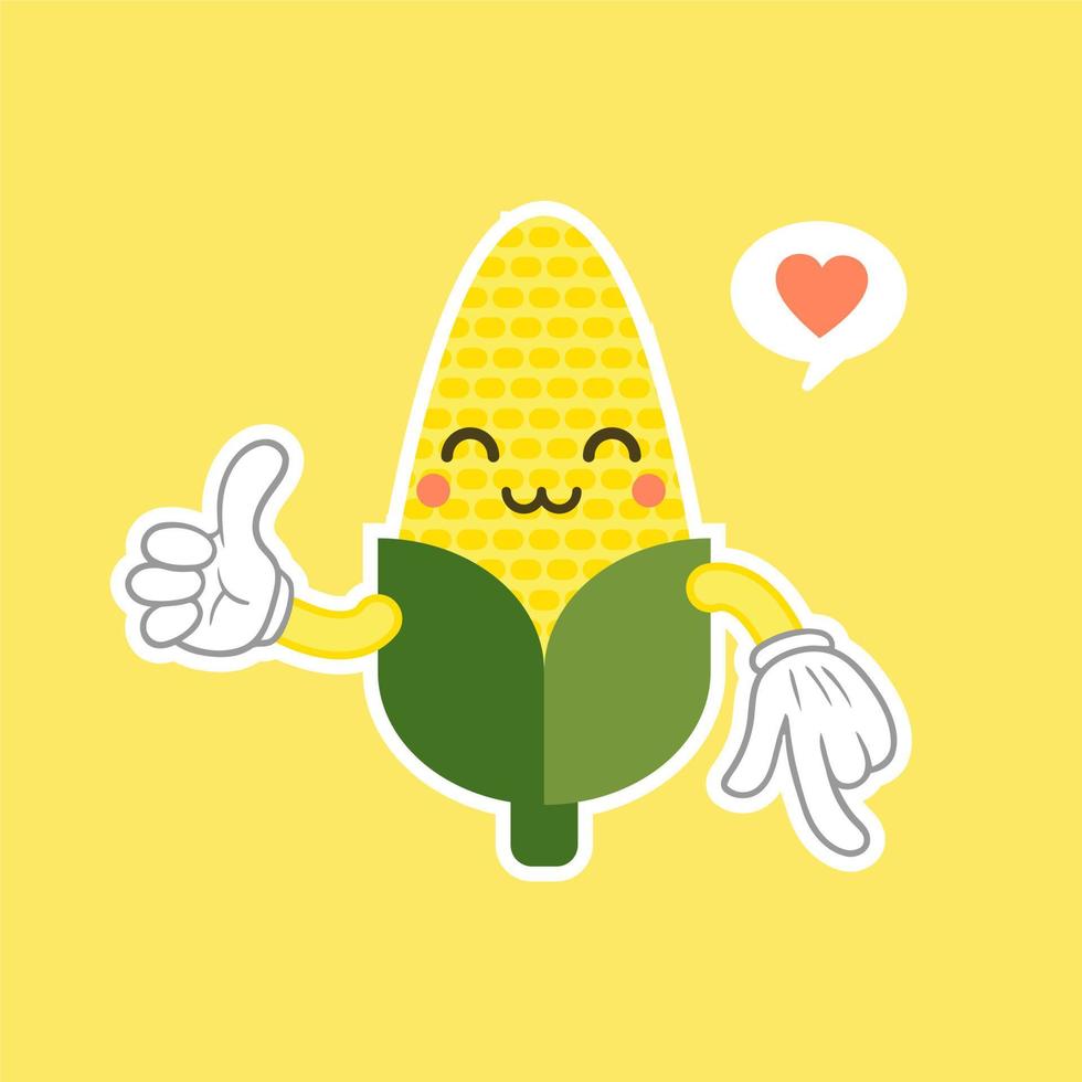 Corn character flat design vector illustration . Cute funny corn in cartoon kawai style. Vector isolate on color background