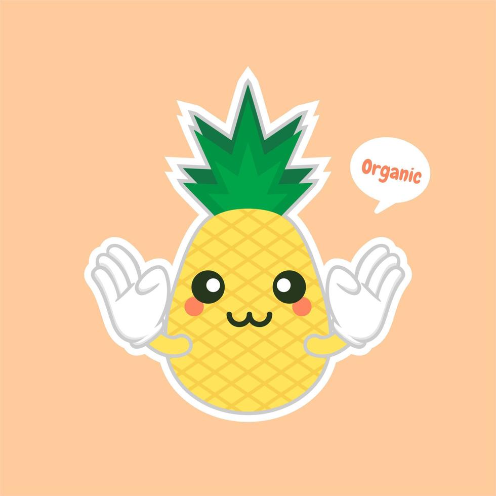 personajes de piña lindos y kawaii, personajes lindos de piña de mascotas establecidos para el verano. jugo de piña, fruta tropical, lugar de veraneo. concepto de vacaciones. para temas como frutas, verano, viajes vector