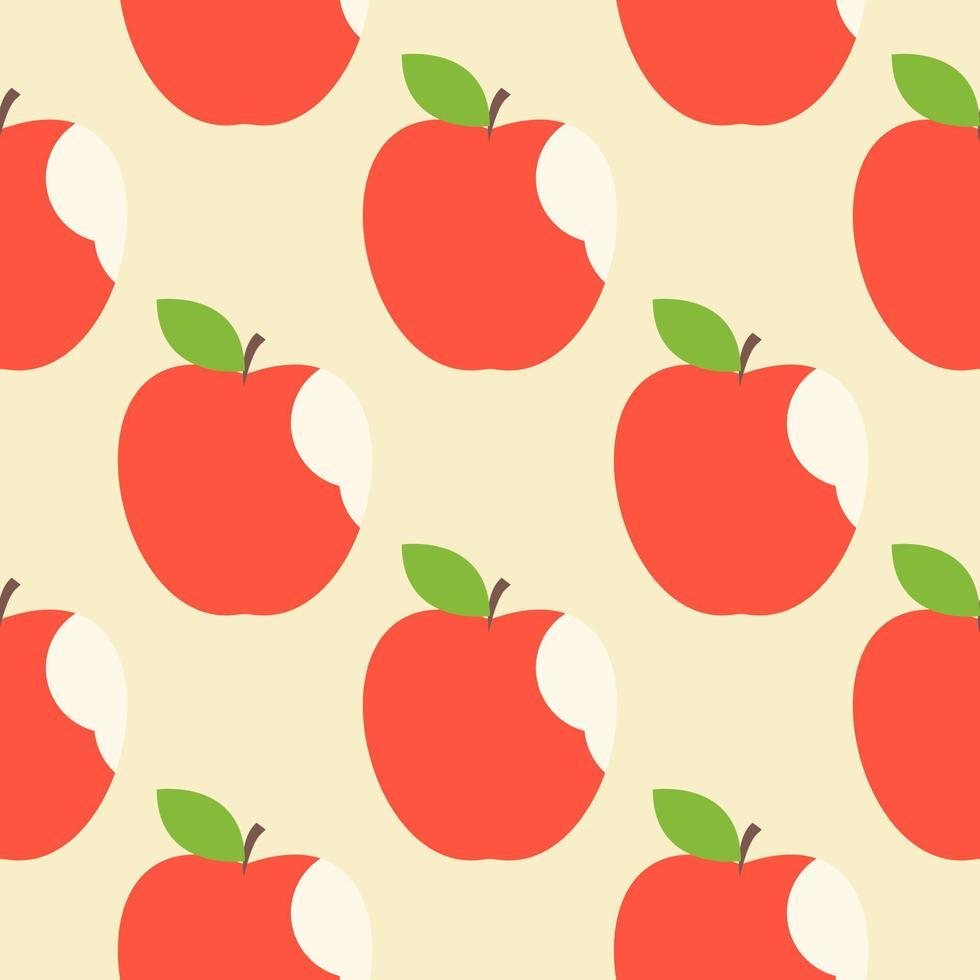 Seamless pattern of bitten apple with green leaves flat vector illustration on color background